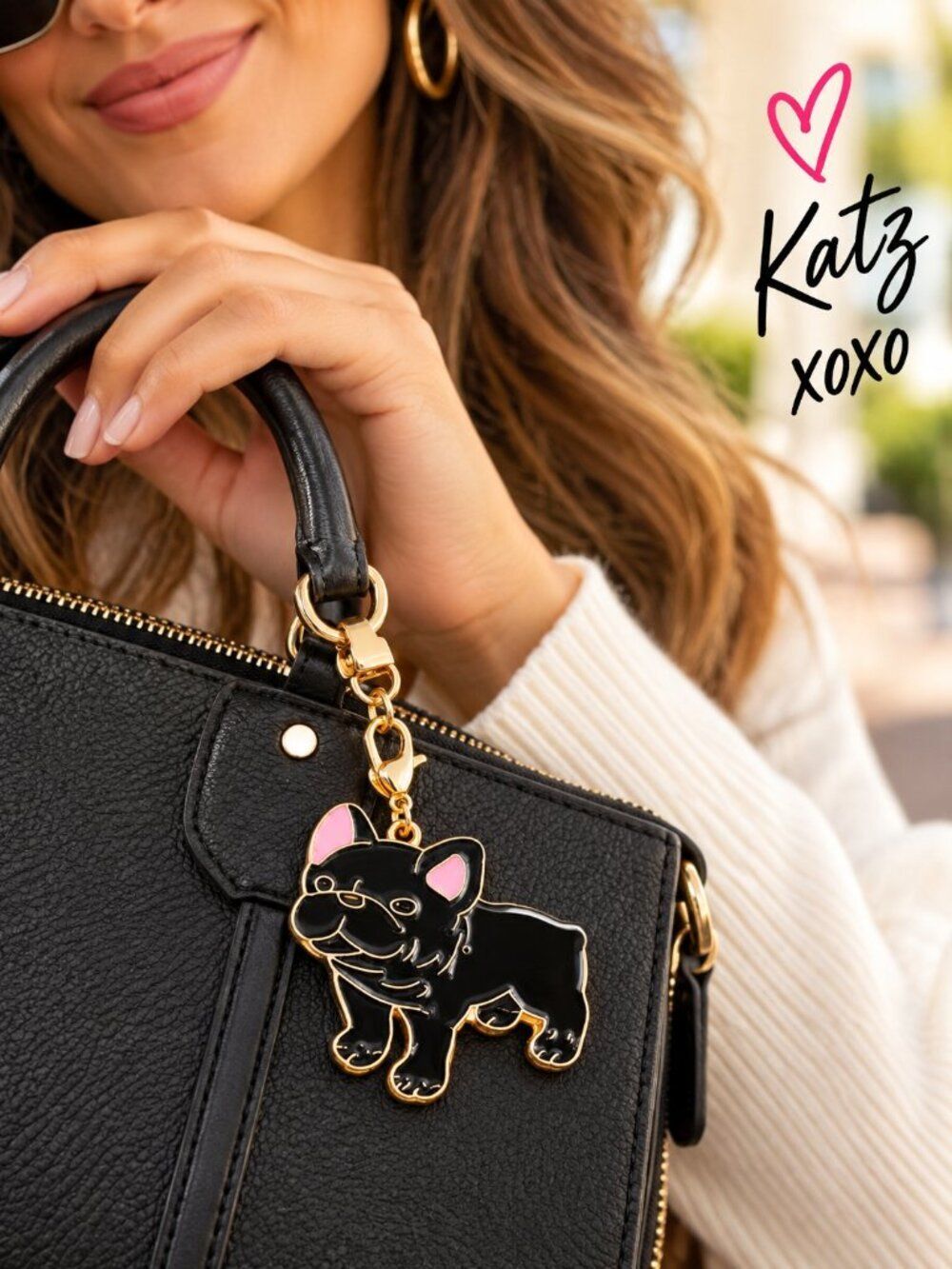 French Bulldog Bag Charm Keychain Black Gold Frenchie Dog Purse Clip Dog Mom